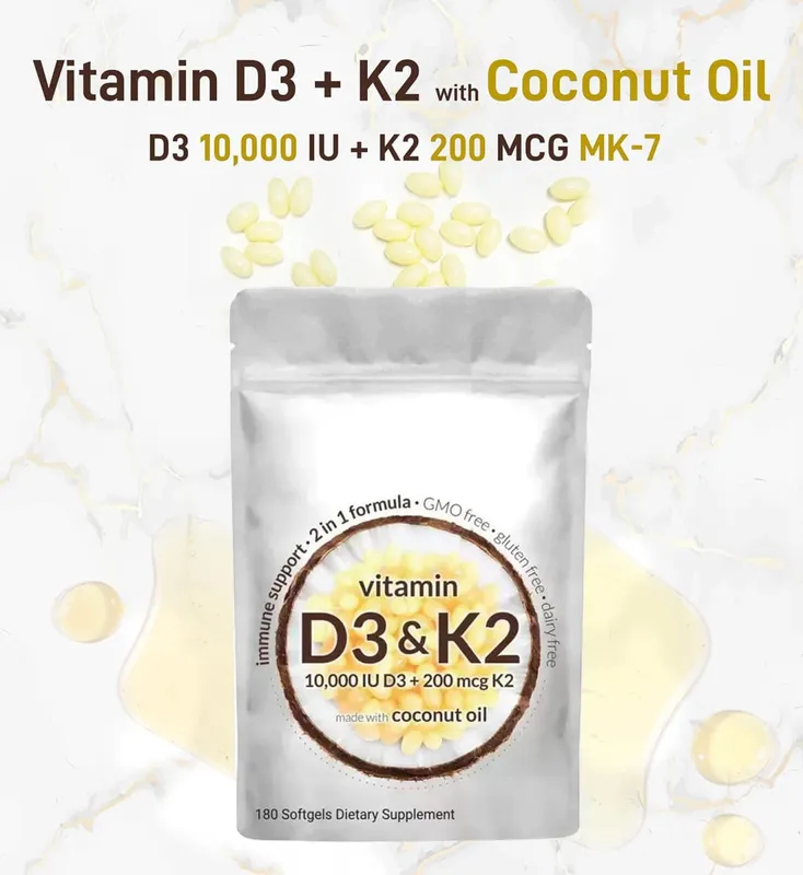 Vitamin D3 10 000iu + K2 MK7 200mcg Softgels | 2-in-1 Complex with Coconut Oil | Supports Heart Bone Teeth & Immune Health — image 2