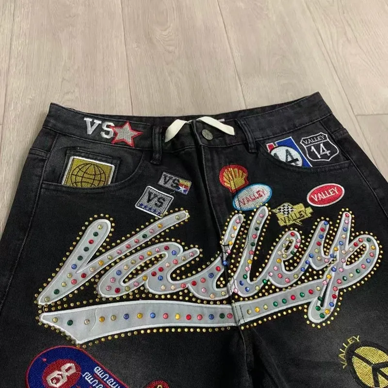 New Y2K Colorful Rhinestone VALLEY Embroidery Patch Label Denim Shorts Jorts Men Women High Quality Loose Straight Short Jeans — image 4