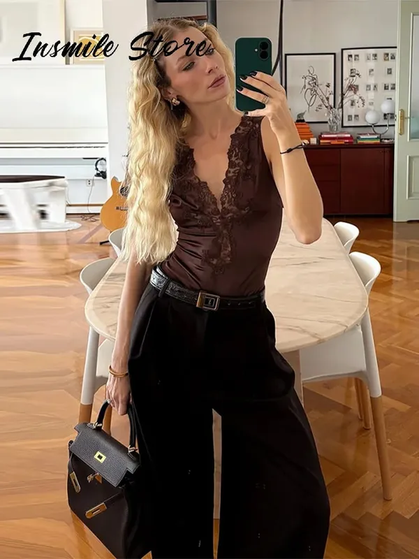 Sexy Satin Lace Patchwork Bodysuit Women V-neck Backless Sleeveless Solid Slim Fit Top 2026 Summer New Fashion Street Clothing — image 6