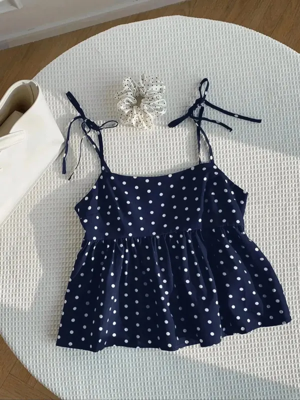 Women's Polka Dot Crop Cami With Spaghetti Straps And Flared Hem Polka Dot Camisole Babydoll Top Babydoll Tops Polkadot Top Cute — image 8