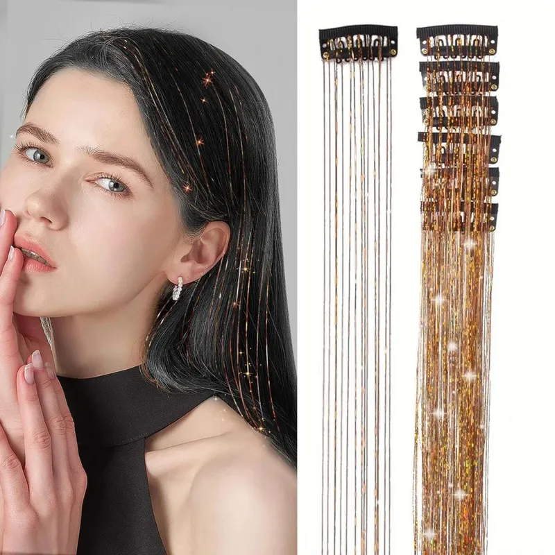 6Pcs 50cm Sparking Shiny Hair Tinsel Hair Extensions Tinsel Synthetic Hair Clip Extensions Women for Braiding Headdress — image 2