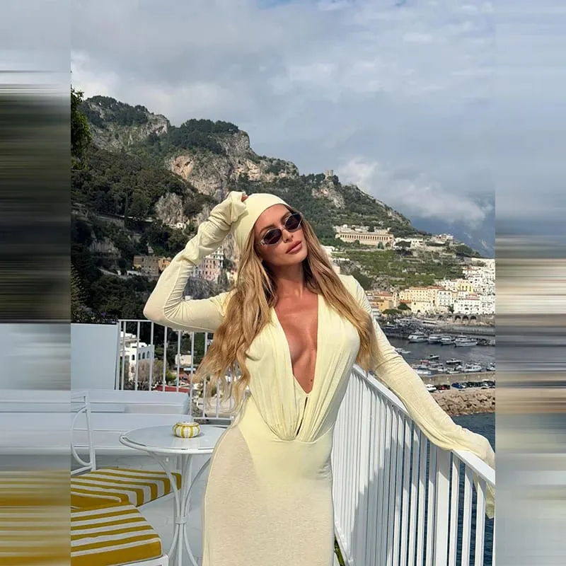 Women's Sexy Sheer Mesh Long Sleeve Maxi Dress Deep V Neck Long Sleeve Party Gown Stylish Lady Ruched Slim Fit Club Beach Wear — image 5