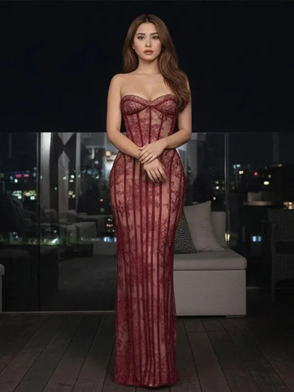 Women Strapless Tulle Fishbone Dress Backless Off Shoulder Printed Patchwork Slim Maxi Dresses 2026 Lady Chic Party Evening Gown — image 6
