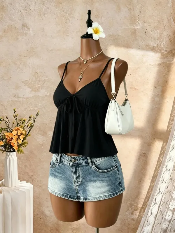 Women V Neck Spaghetti Strap Front Tie Ruched Waist Flared Peplum Cami Top 2026 Summer Y2K Solid Black Casual Beach Vacation Loo — image 6