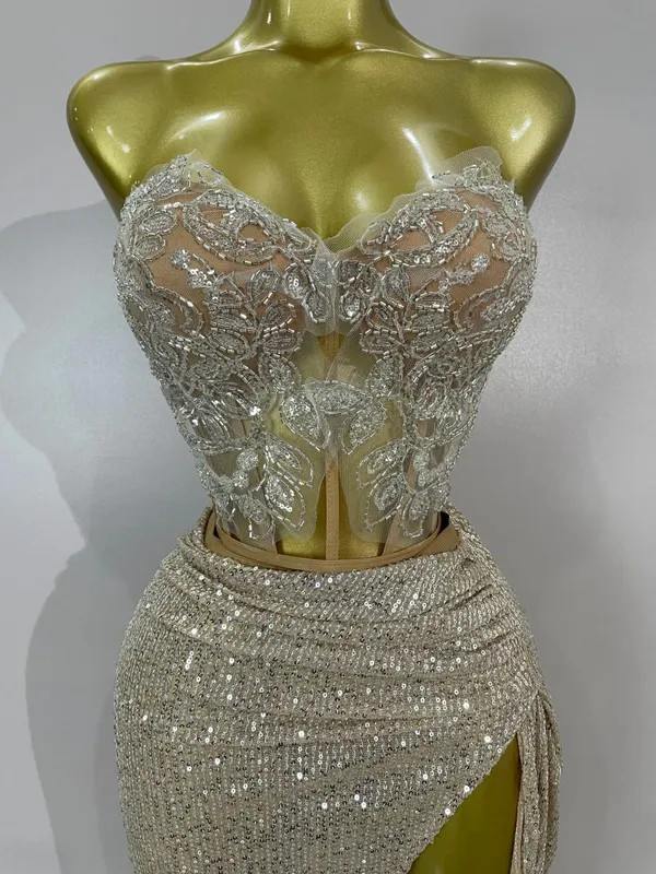 Sparkly Pailletten Kralen Sexy Strapless Tweedelige Set Vrouwen Avond Vieren Nachtclub Party Luxe Verjaardag Jurk Toneelkostuum — image 5