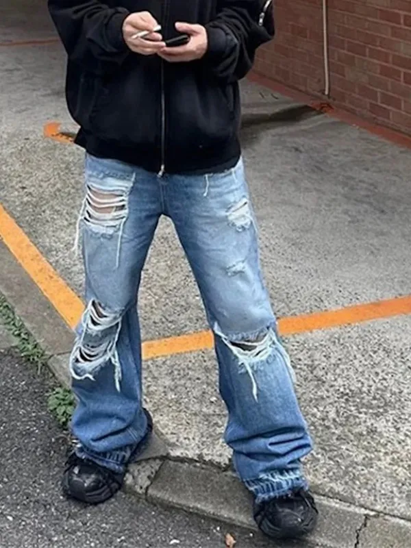 Unisex Wide Leg Flared Jeans Torn Hole Cut with Cat Whisker Fringe Blue for Men And Women ZJ014 — image 4