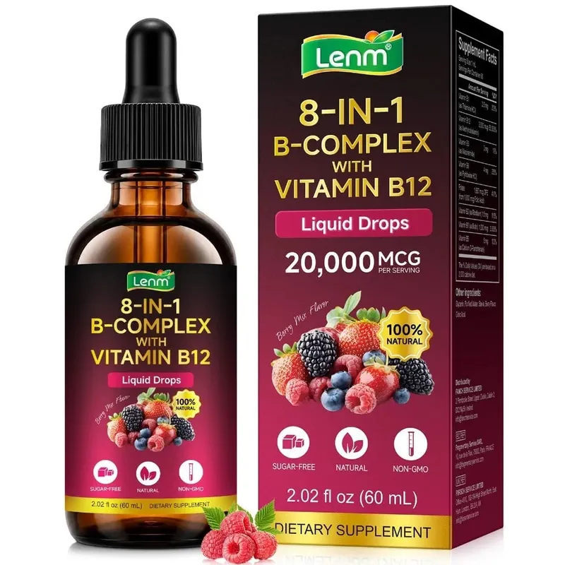 Lenm B Complex Liquid Drops 8-in-1 with B12 2000mcg B1 B2 B3 B5 B6 B7 Folate for Energy & Metabolism Support Sugar-Free 60ML — image 1