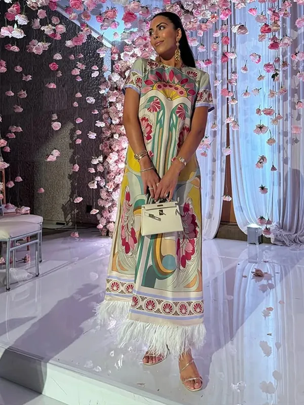 Printed Spliced Feather Tassel Hem Dress Half Sleeve O-neck Loose Maxi Dresses 2026 Summer Fashion Elegant Party Women Outwear — image 6