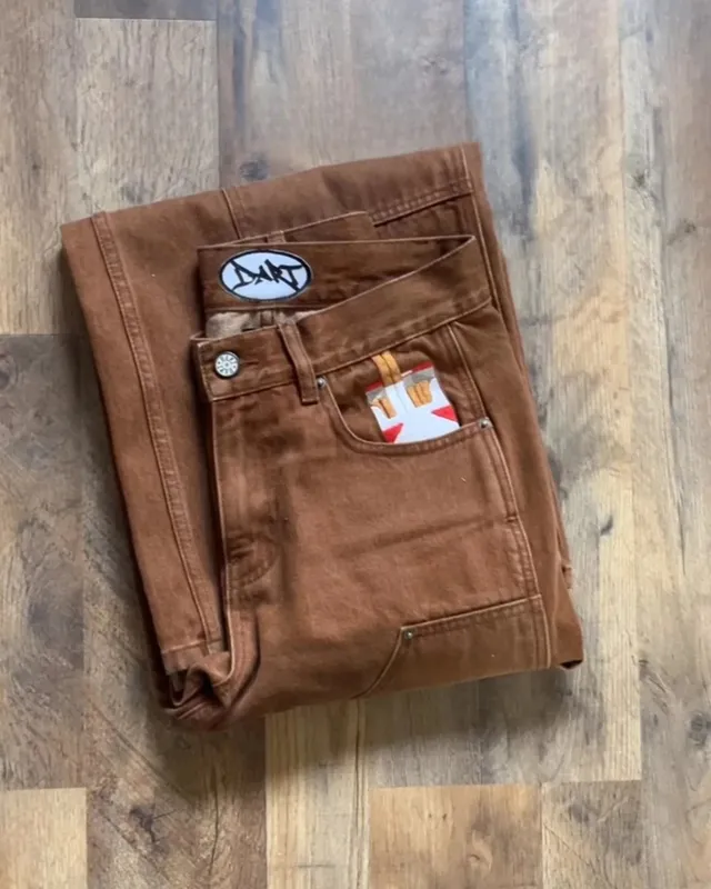 Streetwear Y2K Punk Retro Gothic American Classic Embroidered Jeans Men Women Brown Punk Loose Oversized Trousers Straight Jeans — image 2