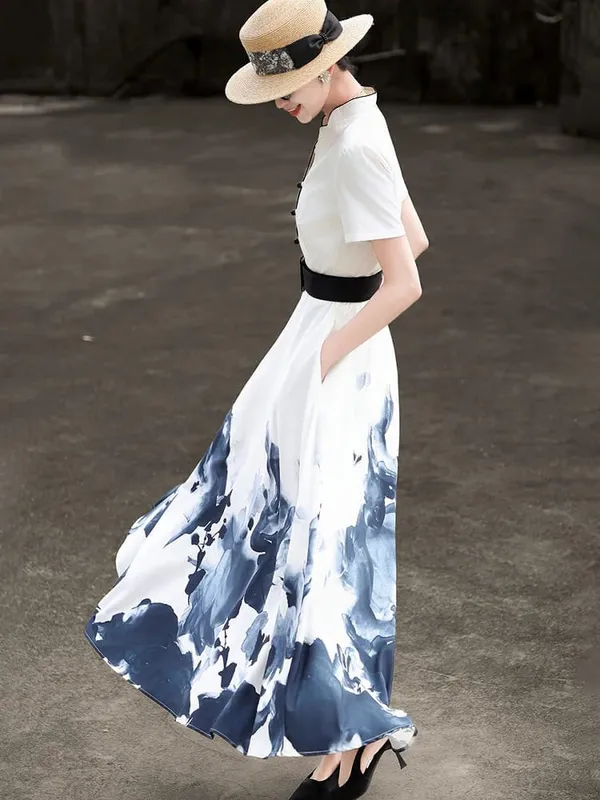 2026 Summer New Chinese Style Ink Painting Print Waist Cinched Swing Dress — image 5