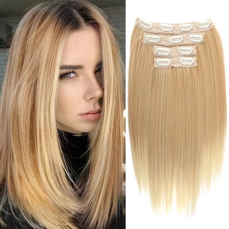 Straight Bob Clip In Hair Extensions Synthetic Highlight Clip On Hairpieces Thin Straight For Women Short Bob Daily Hairstyle