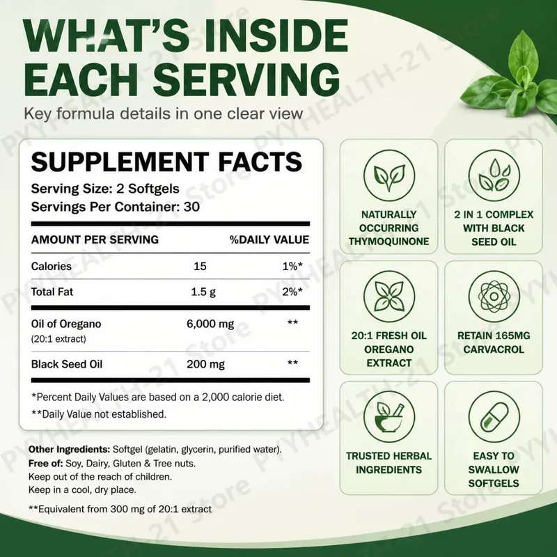 Oreganoolie 6000mg sorte frøolie softgels understøtter dagligt immunforsvar Fordøjelsesbalance Urteformel Ikke GMO 60 Antal — image 3