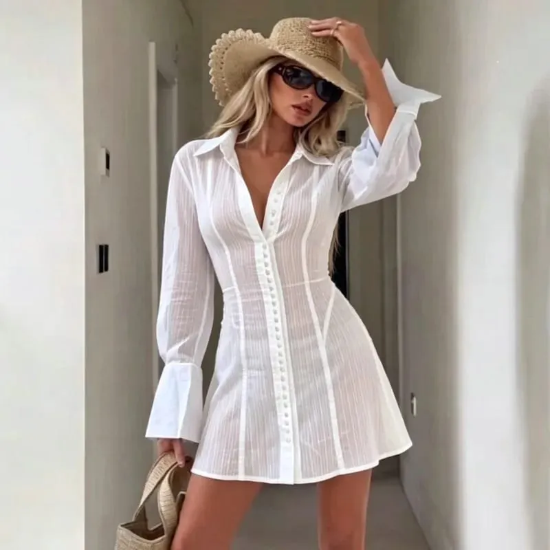 French Collared Shirt Corset Mini Dress Women Flare Sleeve Multi Button Ruffle Slim Fit Dresses 100%Cotton Vacation Streetwear — image 1