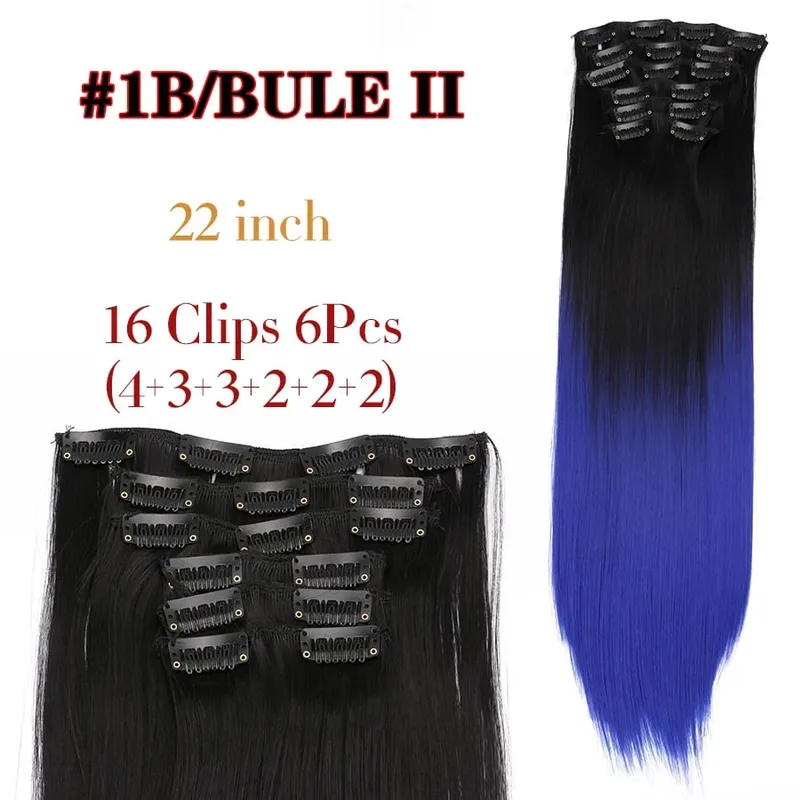 Black Clip In Extensions Straight 22" Long Synthetic Thick Clips On Hair Piece For Women 6Pcs/Set Curly Full Head Weddings Daily