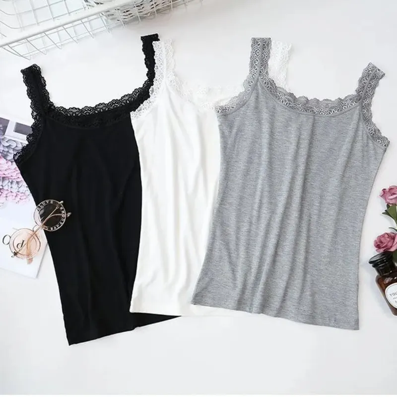 Casual U Neck Summer Tank Tops Sleeveless Slim Fitted Tops With Lace Underwear Cami Top Shirt for Women — image 3