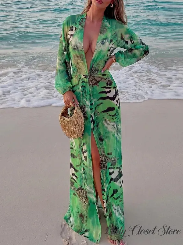 Woman Tiger Stripe Print Deep V-neck Dress Sexy Backless Long Sleeve Dresses 2026 Summer Vacation Beach Party Elegant Vestidos — image 3