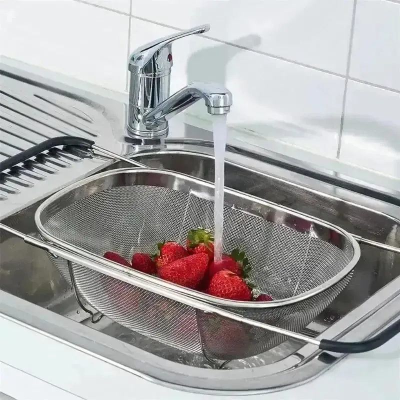 Retractable Drain Basket Rubber Grip Handles Oval Colander Sink Vegetables Draining Rack Home Storage Basket Stainless Steel — image 5