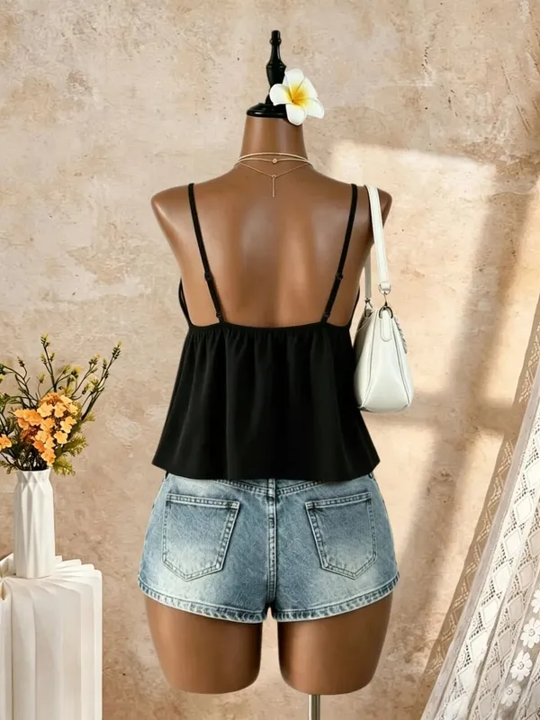 Women V Neck Spaghetti Strap Front Tie Ruched Waist Flared Peplum Cami Top 2026 Summer Y2K Solid Black Casual Beach Vacation Loo — image 3