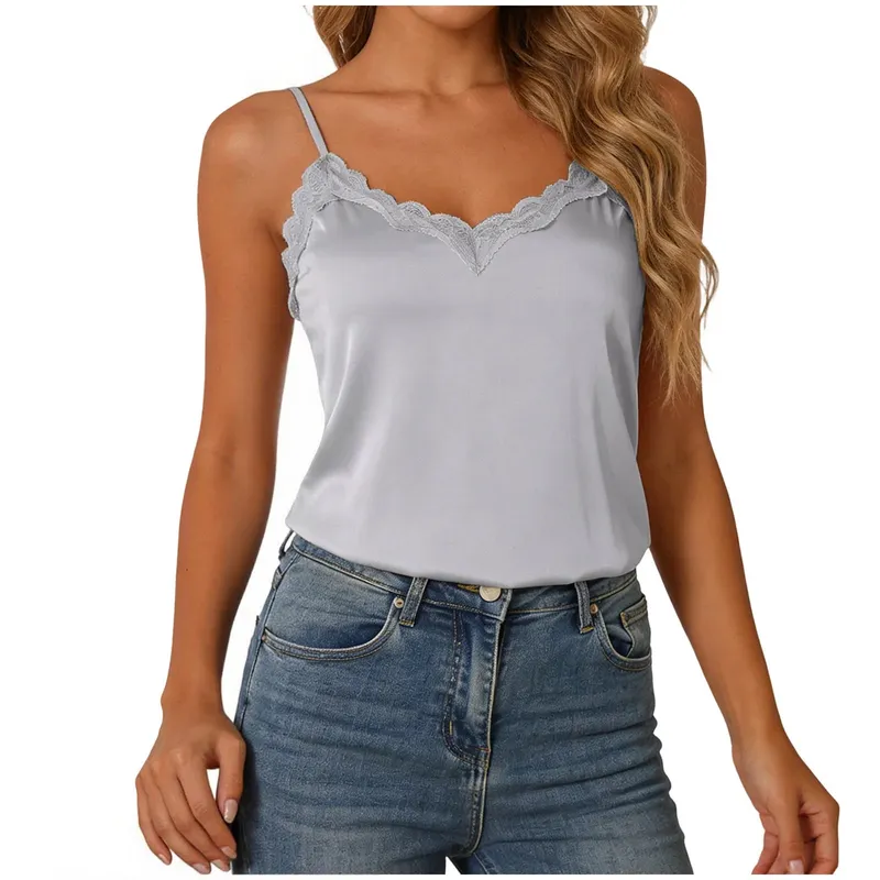 Summer Women Satin Tank Tops Lace Trim Patchwork Silky Comfortable Sleeveless Camis Elegant V-Neck Backless Solid Sexy Tops
