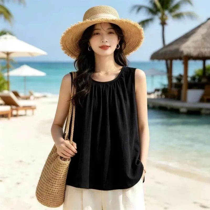Street Casual Pleated Solid Simplicity All-match Tops Summer New Sleeveless Loose Elegant T Shirts Fashion Trend Women Clothing