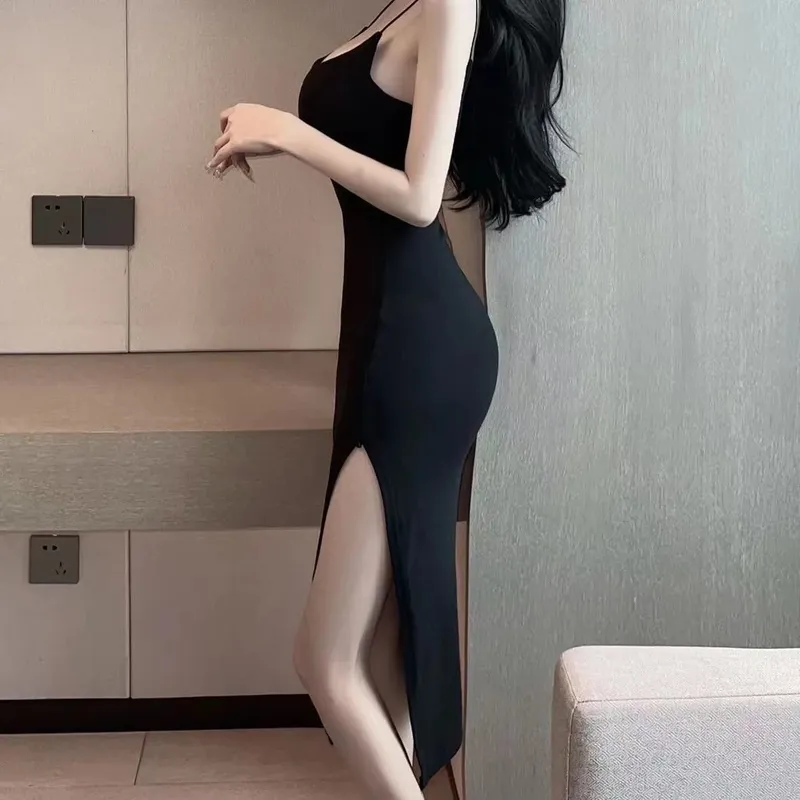 Gaun Tengah Y2K Camis Seksi Gaun Kpop Belahan Punggung Terbuka Y2K Vintage Musim Panas Wanita Kain Bahu Terbuka Hitam Angkatan Laut Pesta Malam Wanita — image 3