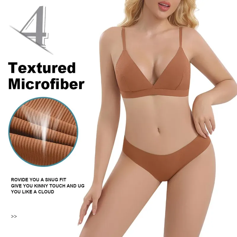 Women's Seamless Rimless Bra Ribbed Triangle Cup Underwear Briefs Set Underwear Women Set Sexy Lingerie — image 6