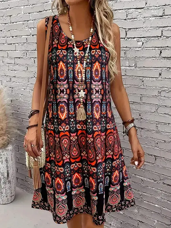 Women's Vintage All-Over Print Sleeveless Dress - Off-Shoulder Summer Sundress Casual Boho Beach Dress