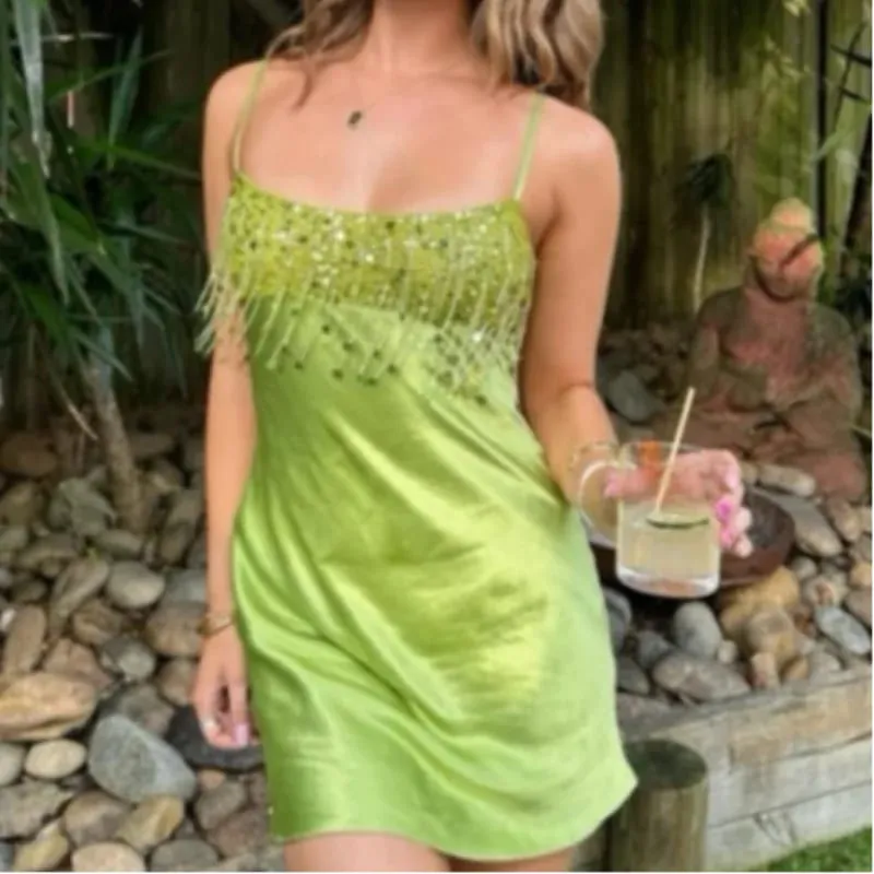 Chic High End Sequin Tassel Satin Dress Women's Elegant Straps Low Neck Mini Vistidos 2026 Stylish Back Zipper Beach Party Gown — image 5