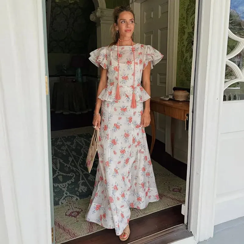 Floral Print Lace Trim Flutter Sleeve Maxi Dress Deep V-Neck High-Low Chiffon 2026 Summer Chic Romantic Women Feminine Gown — image 10