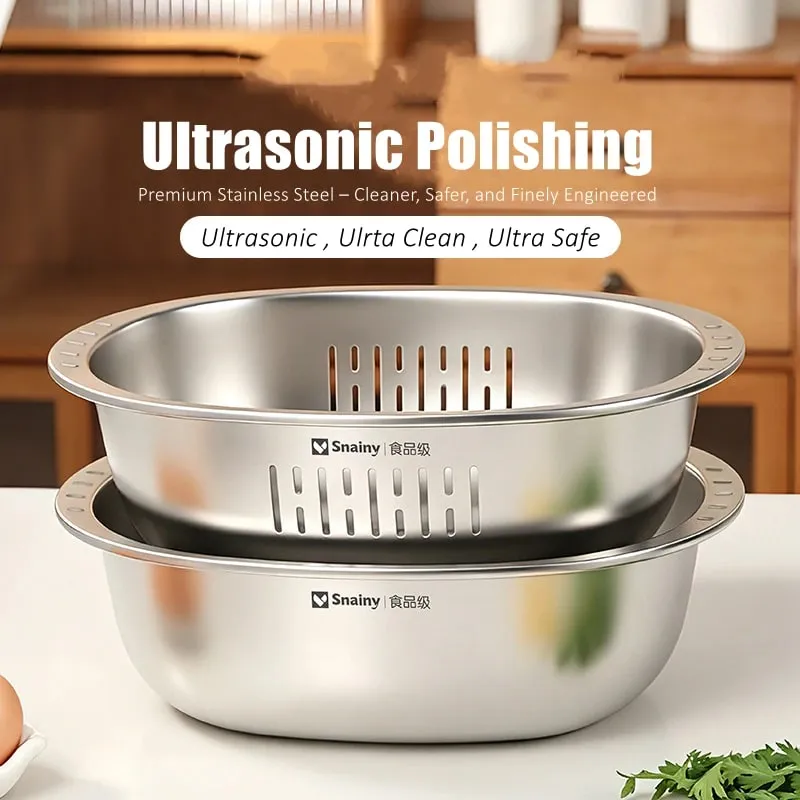 Food-grade Stainless Steel Basin and Colander Set Washing and Draining 2 in 1 Kitchen Accessories Ultrasonic Polishing Gadgets — image 4