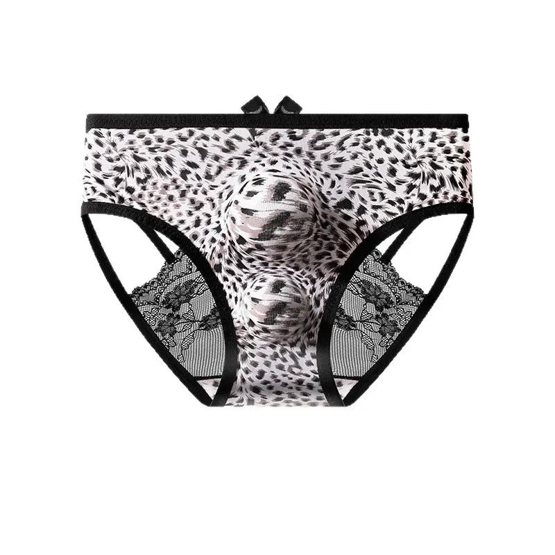 Sous-vêtements Sexy pour hommes, culotte transparente en dentelle creuse, imprimé léopard en soie glacée, pochette de séparation de balle en 3D, sous-vêtements Sissy — image 2
