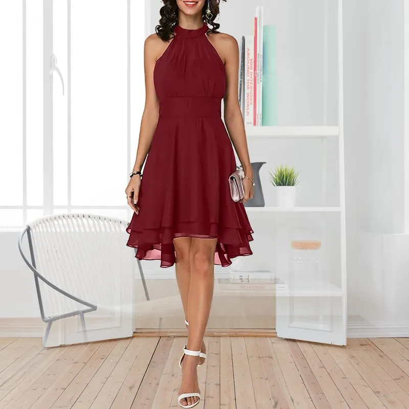 Women Elegant Dress Summer Solid High Waist Halter Sleeveless Midi Dresses Ladies Cropped Layered Chiffon Party Slim Dresses — image 3
