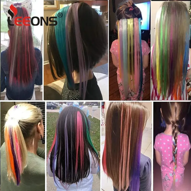 12 Pcs Clip In Colored Hair Extensions For Kids Women 20 Inches Rainbow Long Straight Synthetic Hairpiece Heat Resistant Hair — image 7