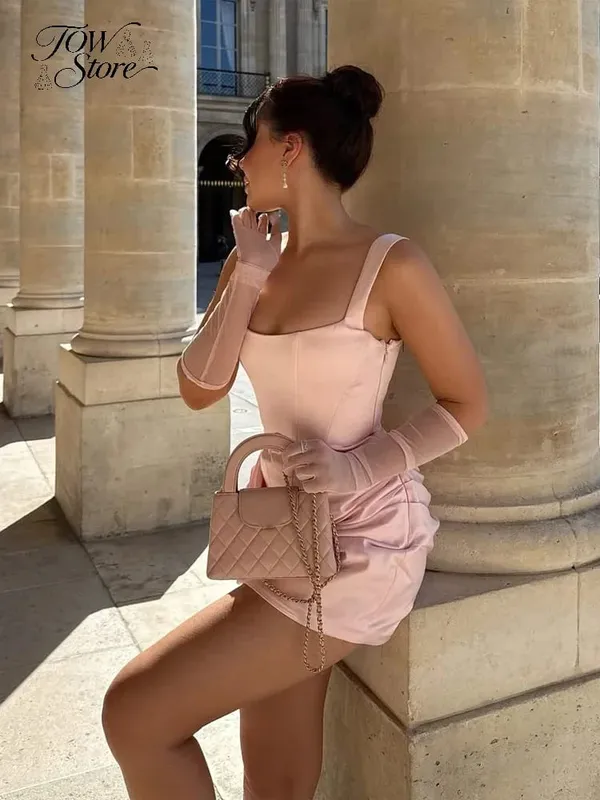 Square-neck Halter Mini Dress Women Sexy Pleated Sleeveless Backless High Waist Bodycon Dresses 2026 Women's Summer Party Robes — image 4