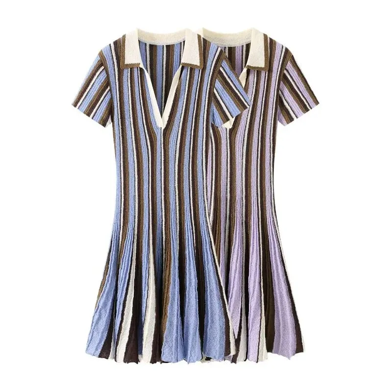 Short Sleeve Polo Collar Knitted Striped Mini Dress V Neck Waist Cinching Flared A Line Casual Summer Vacation Women Dresses — image 6