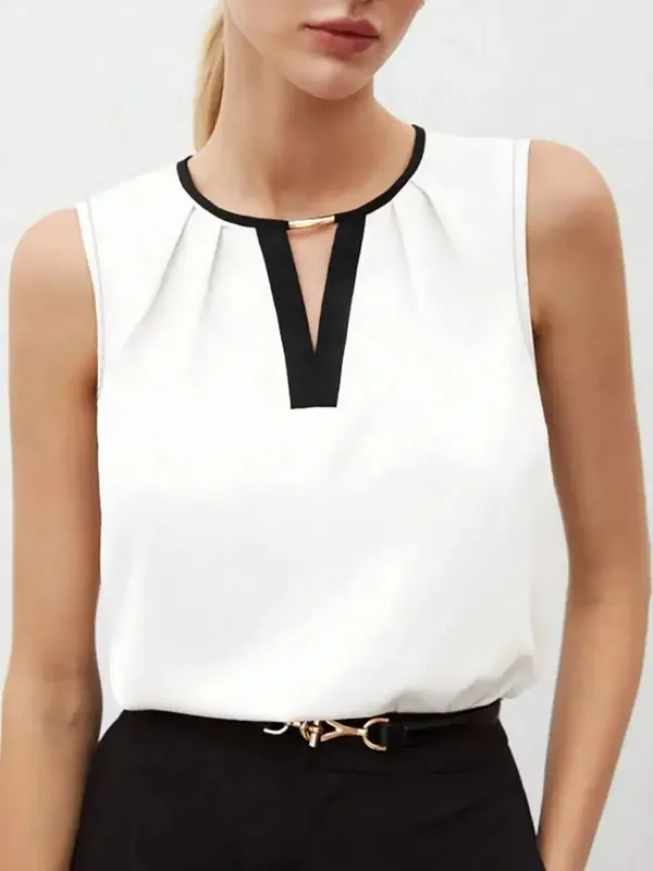 Women's Tank Top Spring Summer White Black Contrast Trim V Neck Sleeveless Loose Elegant Office Daily Work Top — image 8