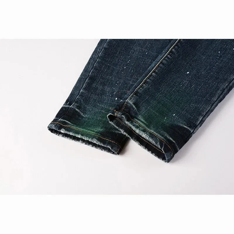 Men's Slim Taper Vintage Distressed Ripped Jeans Blue Gradient Green Red Paint Splatter Button Fly High Street Fashion Denim Pan — image 6