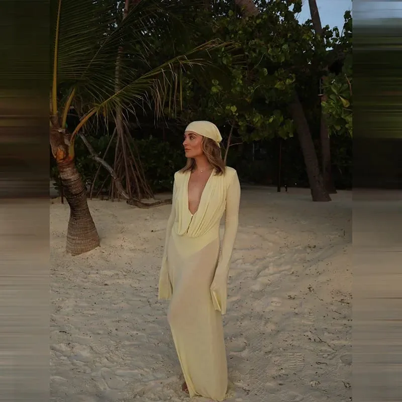 Luxury See Through Mesh Bodycon Maxi Dress For Women Lady Long Flared Cuff Deep V Neck Pleated Beach Holiday Evening Party Gown