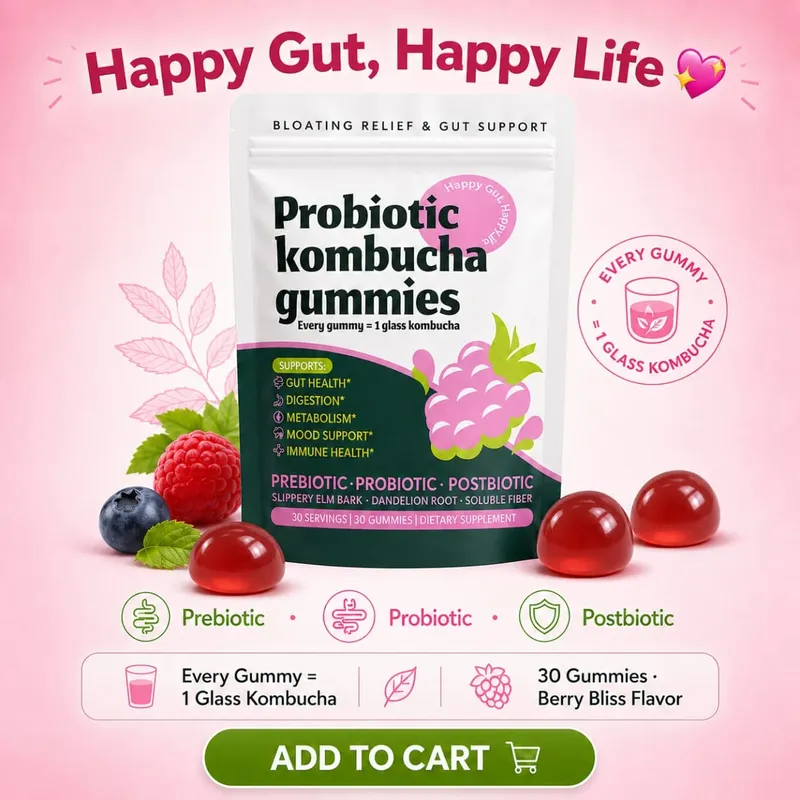 Probiotic Kombucha Gummies Berry 30 Ct Prebiotic Postbiotic Gut Health Digestion Bloating Relief Immune Vegan Non-GMO Supplement — image 1