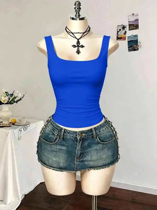 Women Square Neck Wide Strap Ribbed Tank Top Sleeveless Fitted Slim Casual Cami Top — image 10