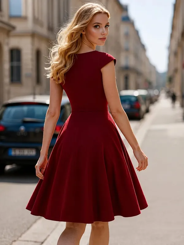 Women's Elegant Round Neck Summer Short Sleeve Solid A-Line Knee-length Dress High Waist Swagger Party Wedding Casual Departure — image 3