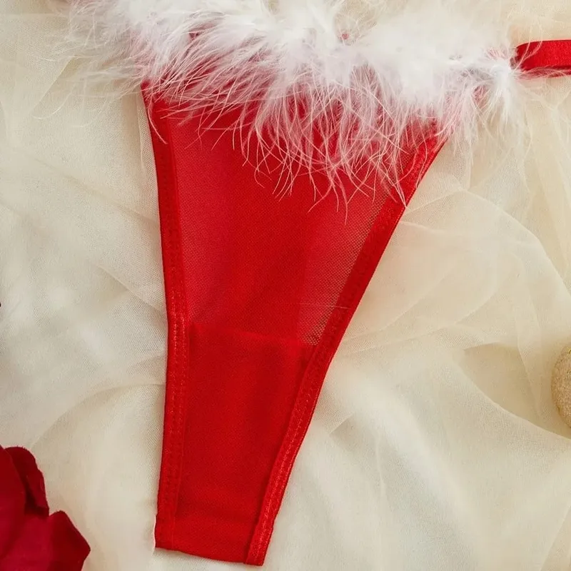 Christmas Furry Women's Underwear Wireless Mesh Transparent Lingerie Set Bow Decor Romantic Intimate Bra Panties Suit Christmas — image 4