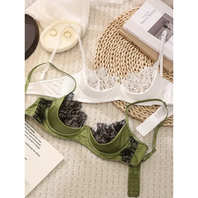French Lace Half Cup Lingerie Set Green Ultra Thin Sheer Soft Comfortable Underwire Bra For Small Bust Women 32‑38AB — image 6
