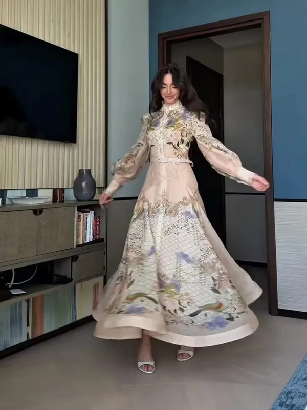 Pakaian Wanita Bercetak Renda Elegan Separuh Tinggi Kolar Tinggi Lengan Longgar Tali Pinggang Single Breasted Skirt Wanita Musim Panas 2026 Jubah Terbungkus Wanita — image 5