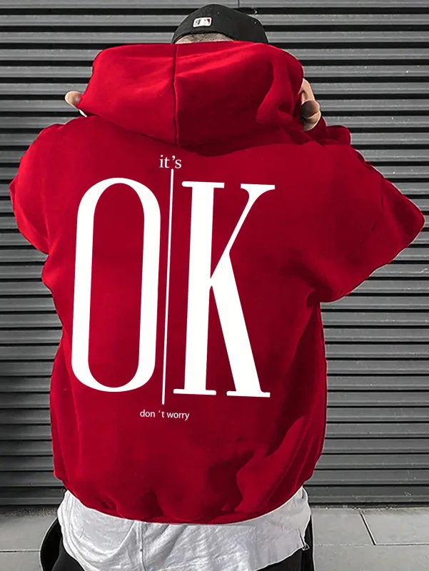 Men Hoodie It's OK Don't Worry Letter Print Oversized Casual Streetwear Loose Casual Long Sleeve Pullover Streetwer Tops — image 8