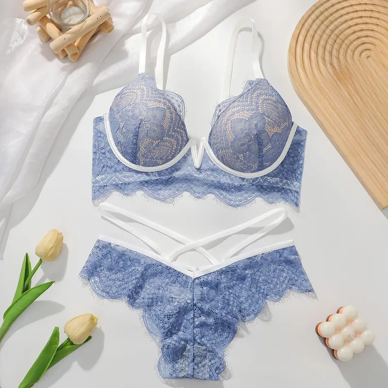 New High Quality Heavy Industry Blue Lace Set Deep V Sexy Women's Bra Set Lingerie Set push up Bra L093