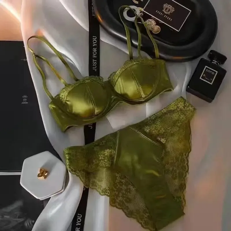Sexy Satin Half Cup Bra Set with Steel Ring Thin Comfortable Upper Support Green Lace Edge Glossy Lingerie for Women — image 9