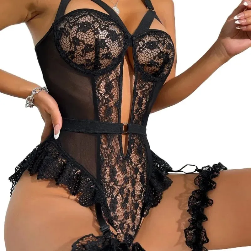 2pcs Red Floral Lace Garter Lingerie Set Women's Underwire Bra Choker Thongs Intimate Ladies Underwear Set — image 5