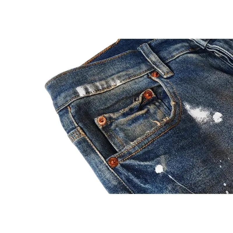 Men's Multiple Ripped Slim Tapered Jeans Vintage Blue Gradient Wash White Paint Splatter Button Fly High Street Style — image 3
