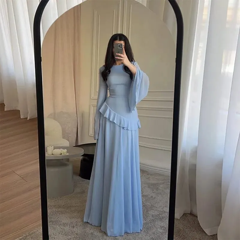Women Chiffon Solid Ruffled Dress Flare Sleeve Round Neck 2025 New Elegant Maxi Gown Evening Party Fashion Holiday Lady — image 2
